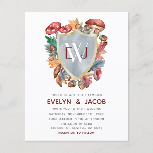 Papier Budget Dusty Blue Mushroom Faire-part de mariage (Devant)