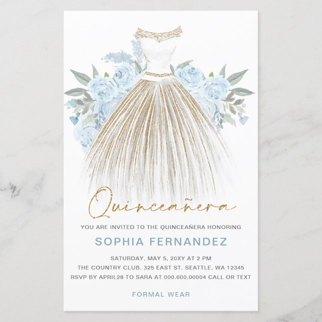 Papier Budget Dusty Blue or robe Quinceañera Invitation (Devant)