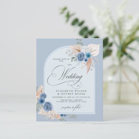 Papier Budget Dusty Blue Pampas Faire-part de mariage (Debout devant)