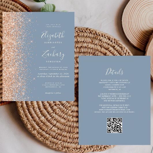 Papier Budget Dusty Blue Peach QR Code Mariage Invitation