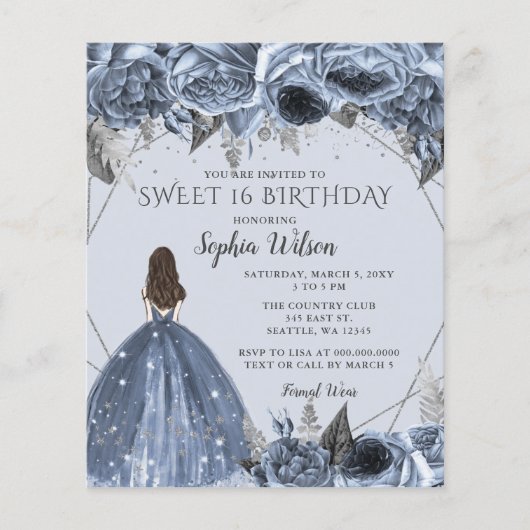 Papier Budget Dusty Blue Princess Sweet 16 Invitation (Devant)