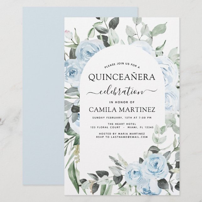 Papier Budget Dusty Blue Quinceañera Floral Invitation (Devant / Derrière)