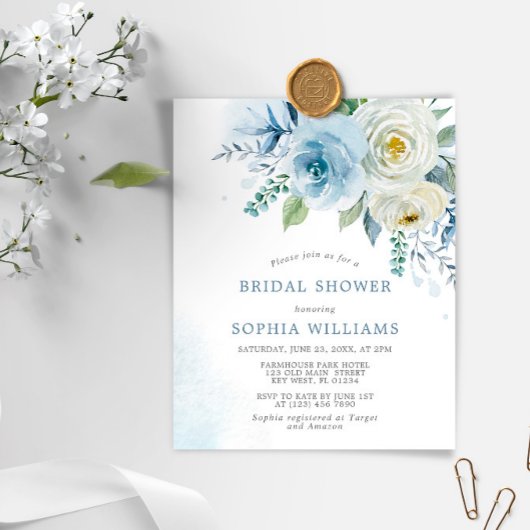 Papier Budget Dusty Blue Rose Bridal Shower Invitation