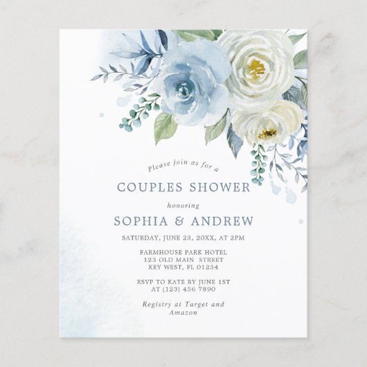 Papier Budget Dusty Blue Rose Couples Douche Invitation (Devant)