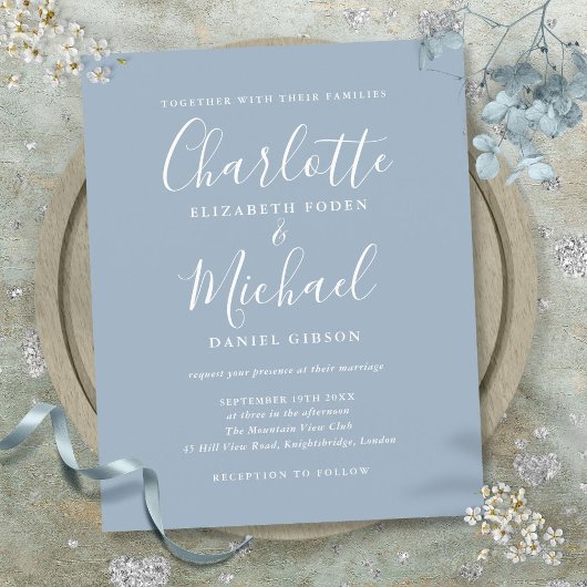 Papier Budget Dusty Blue Script Faire-part de mariage