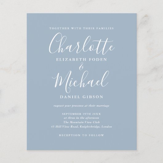 Papier Budget Dusty Blue Script Faire-part de mariage (Devant)