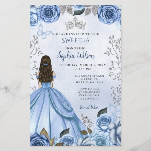 Papier Budget Dusty Blue Silver Floral Princess Sweet 16 (Devant)