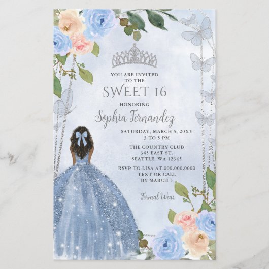 Papier Budget Dusty Blue Silver Floral Princess Sweet 16 (Devant)