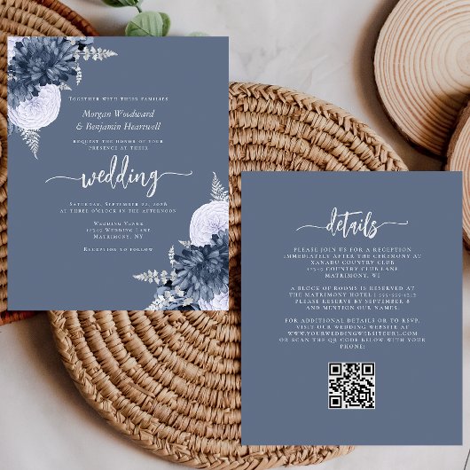 Papier Budget Dusty Blue Silver Floral QR Code Wedding