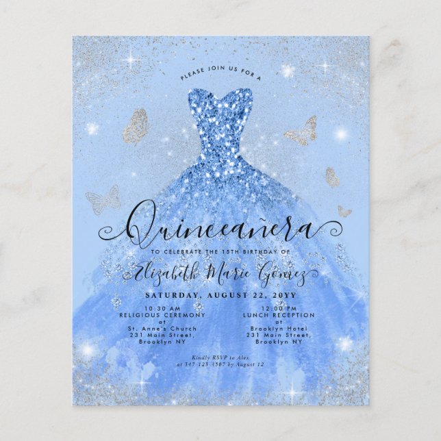 Papier Budget Dusty Blue Silver Gown Quinceanera Invitati (Devant)