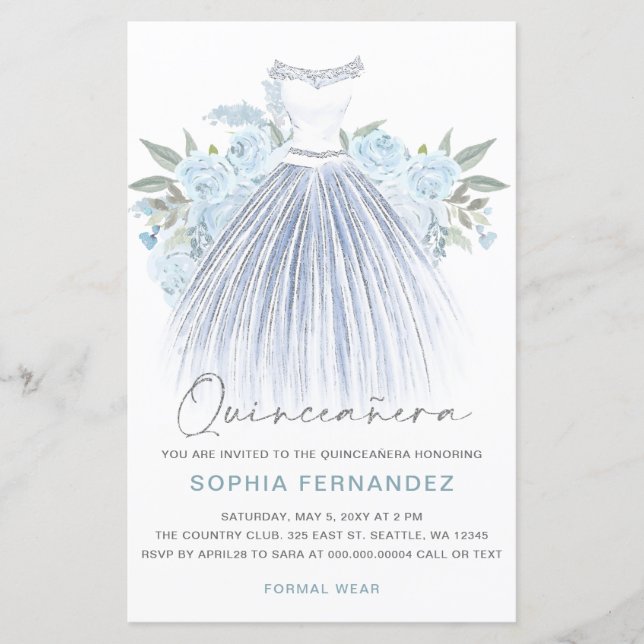 Papier Budget Dusty Blue Silver Robe Quinceañera Invitati (Devant)