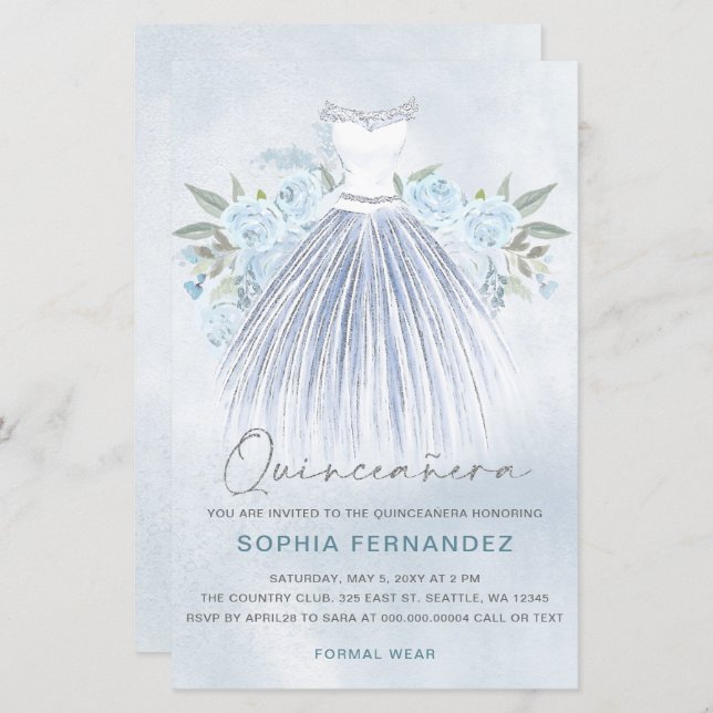 Papier Budget Dusty Blue Silver Robe Quinceañera invitati (Devant / Derrière)