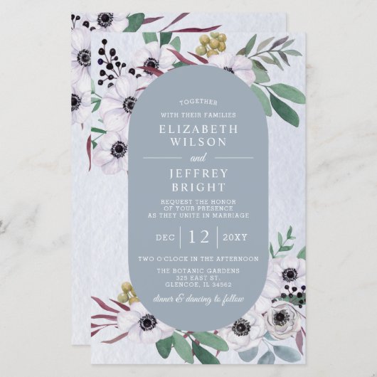 Papier Budget Dusty Blue White Floral Faire-part de maria (Devant / Derrière)