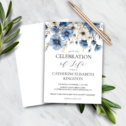 Papier Budget Dusty Blue White Floral Memorial Invitation