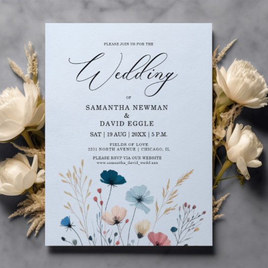 Papier Budget Dusty Blue Wild Floral Faire-part de mariag