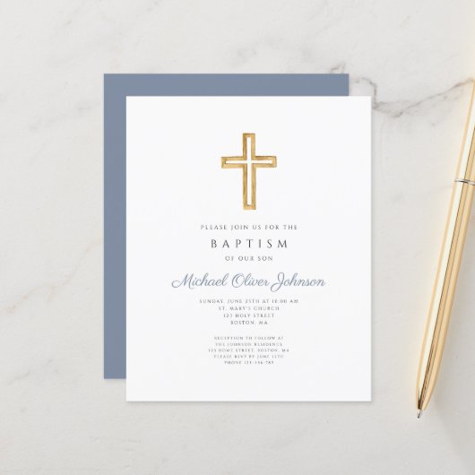 Papier Budget Dusty Blue Wood Cross Religieux Garçon Bapt (Devant/Arrière en situation)