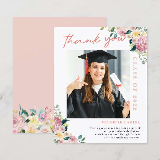 Papier Budget Dusty Floral Photo Graduation Merci (Devant / Derrière)