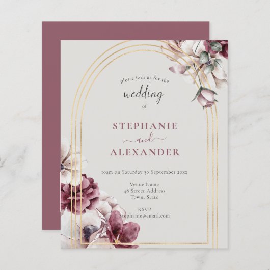 Papier Budget Dusty Plum Floral Mariage QR Code Invitatio (Devant / Derrière)