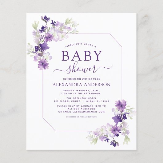 Papier Budget Dusty Purple Floral Baby shower de verdure (Devant)