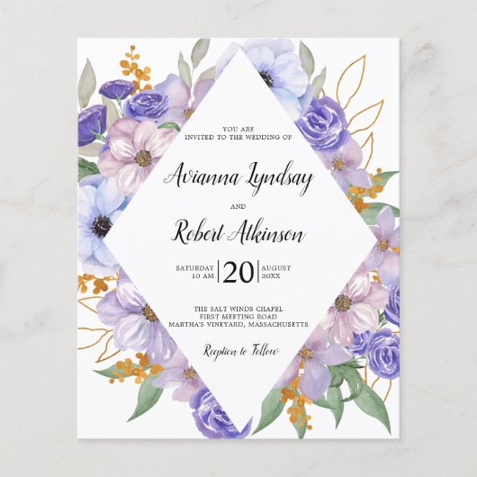 Papier Budget Dusty Purple Floral Boho Faire-part de mari (Devant)