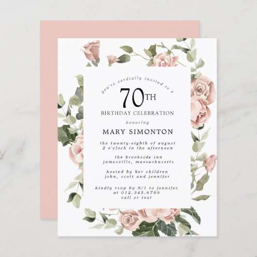 Papier Budget Dusty rose 70e anniversaire Invitation de f (Devant / Derrière)