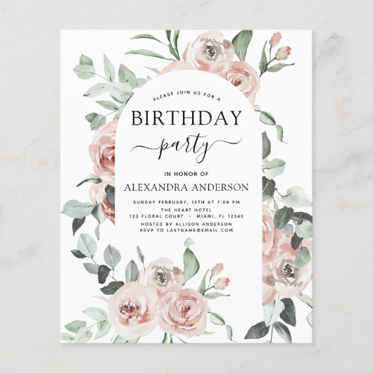 Papier Budget Dusty rose Anniversaire Fête Floral Invitat (Devant)