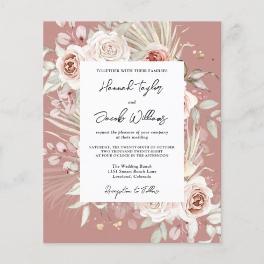 Papier Budget Dusty Rose Boho Faire-part de mariage (Devant)