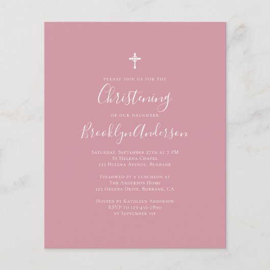 Papier Budget Dusty Rose Christening Invitation (Devant)