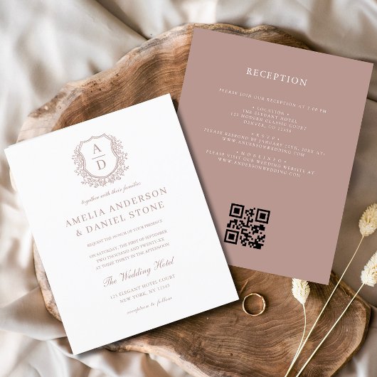 Papier Budget Dusty Rose Crest Mariage QR Code Invitation