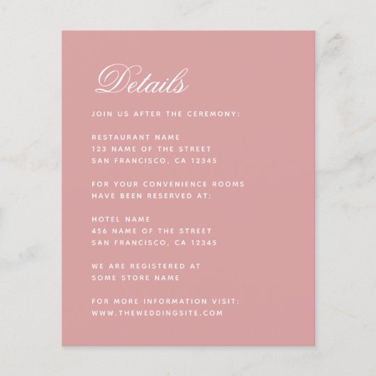 Papier Budget Dusty Rose Détails Mariage Simple Pink Card (Devant)