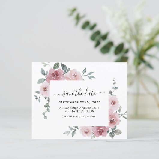Papier Budget Dusty Rose Enregistrer la date rose florale (Debout devant)