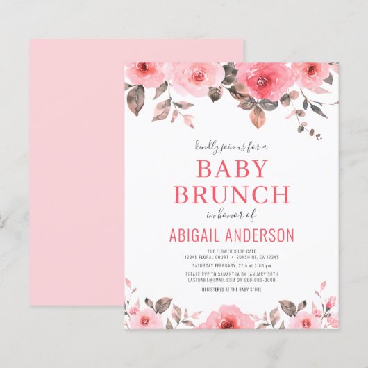 Papier Budget Dusty rose Floral Baby Brunch Invitation (Devant / Derrière)