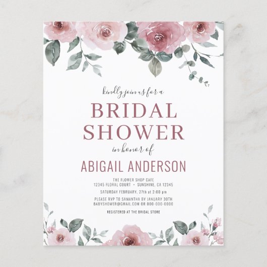 Papier Budget Dusty Rose Floral Bridal Shower Invitation (Devant)