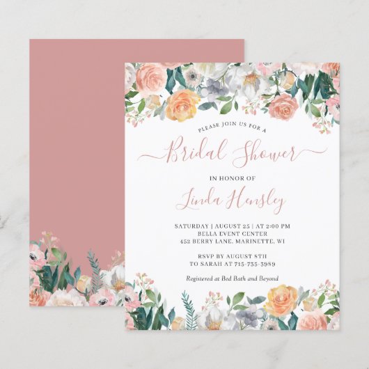Papier Budget Dusty Rose Floral Bridal Shower Invitation (Devant / Derrière)