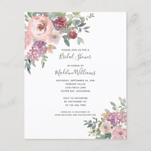 Papier BUDGET Dusty Rose Floral Douche nuptiale Invitatio (Devant)