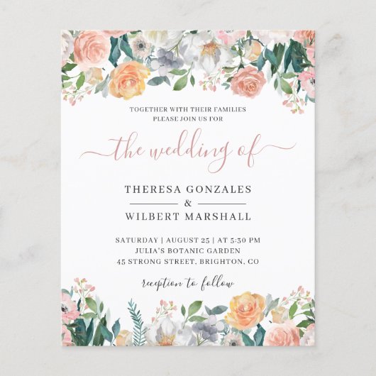 Papier Budget Dusty Rose Floral Faire-part de mariage (Devant)