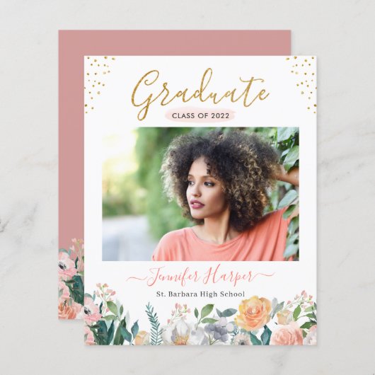 Papier Budget Dusty Rose Floral Graduation Faire-part (Devant / Derrière)