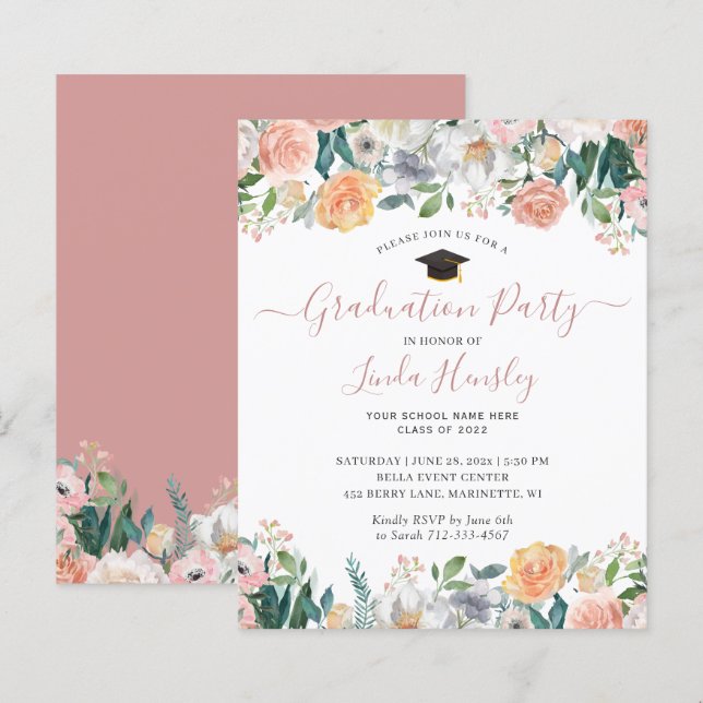 Papier Budget Dusty Rose Floral Graduation Party Invitati (Devant / Derrière)