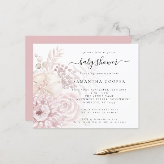 Papier Budget Dusty rose Florals Baby shower Invitation (Devant/Arrière en situation)