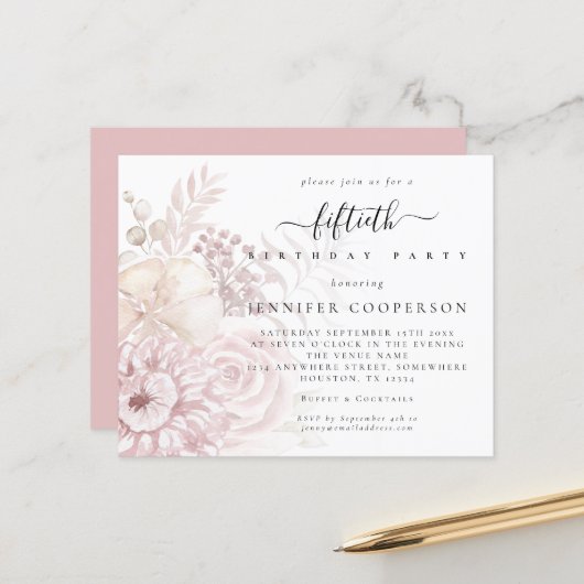 Papier Budget Dusty Rose Florals Female 50ème Invitation  (Devant/Arrière en situation)