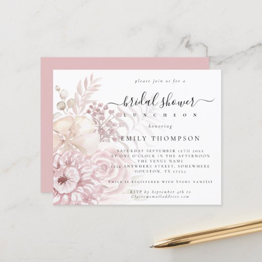 Papier Budget Dusty Rose Florals Invitation à la douche n (Devant/Arrière en situation)