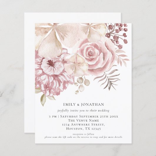 Papier Budget Dusty Rose Florals QR Code Mariage Invitati (Devant / Derrière)