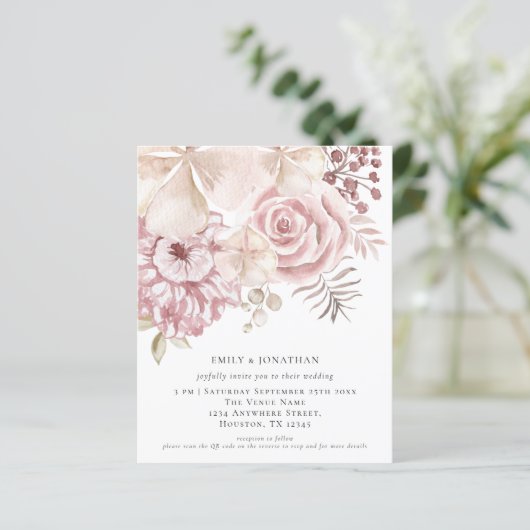 Papier Budget Dusty Rose Florals QR Code Mariage Invitati (Debout devant)
