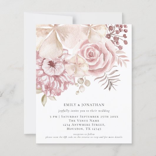 Papier Budget Dusty Rose Florals QR Code Mariage Invitati (Devant)