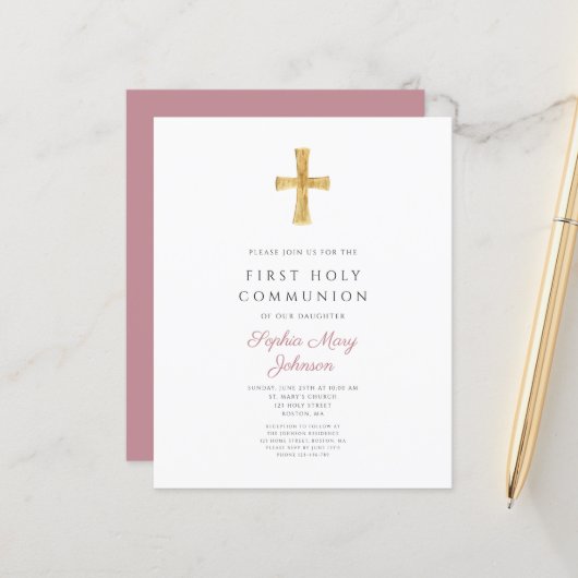 Papier Budget Dusty Rose Girl First Communion Invitation (Devant/Arrière en situation)
