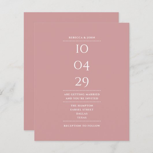 Papier Budget Dusty Rose Mariage Date Invitation (Devant / Derrière)