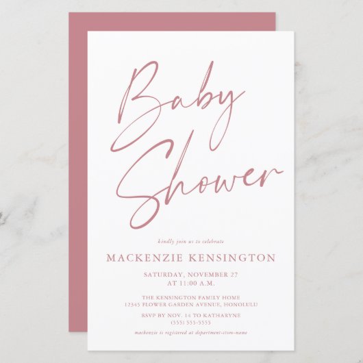 Papier Budget Dusty Rose Mauve Simple Script Baby shower (Devant / Derrière)
