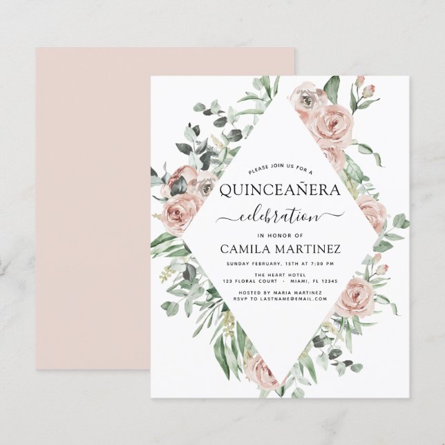 Papier Budget Dusty rose Quinceañera Floral Invitation (Devant / Derrière)