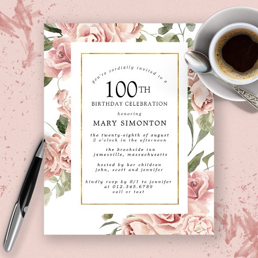 Papier Budget Dusty Rose Rose 100e anniversaire Invitatio