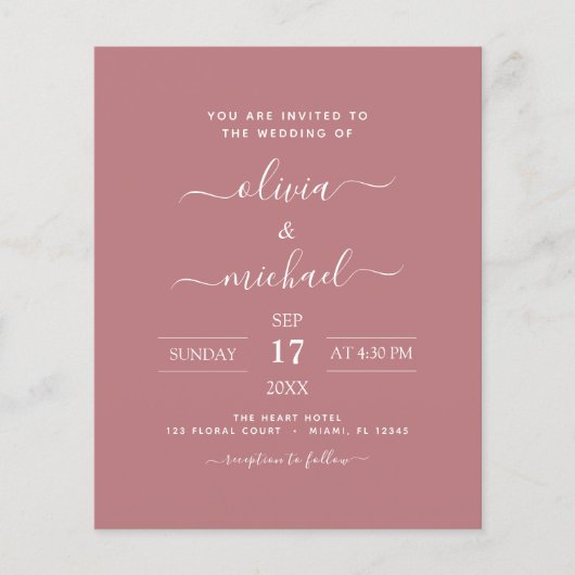 Papier Budget Dusty Rose rose Mariage moderne Typographie (Devant)
